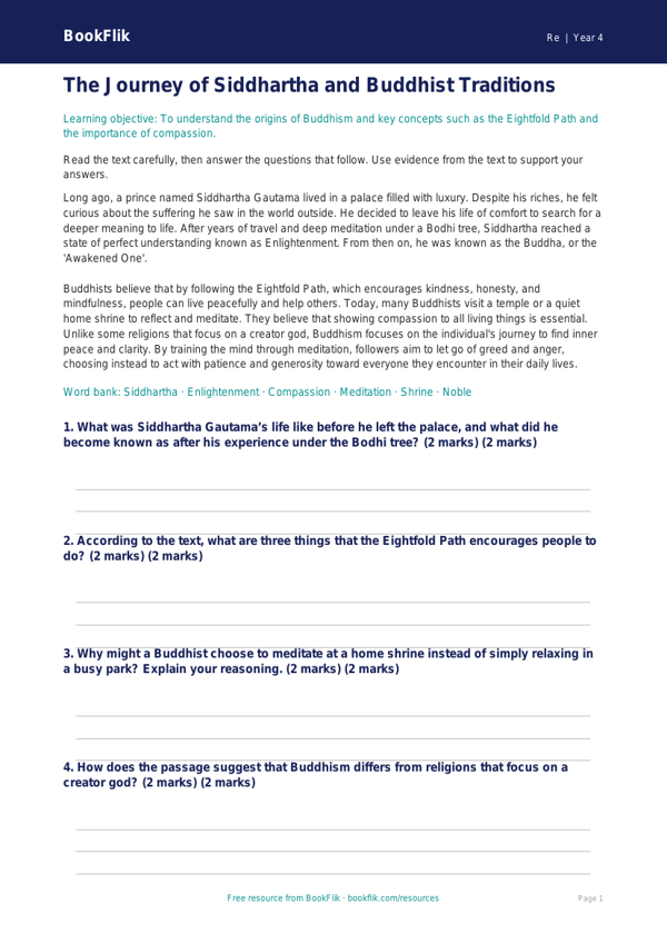 Free Buddhism Comprehension | Year 4 Greater Depth | BookFlik worksheet preview — Re Buddhism