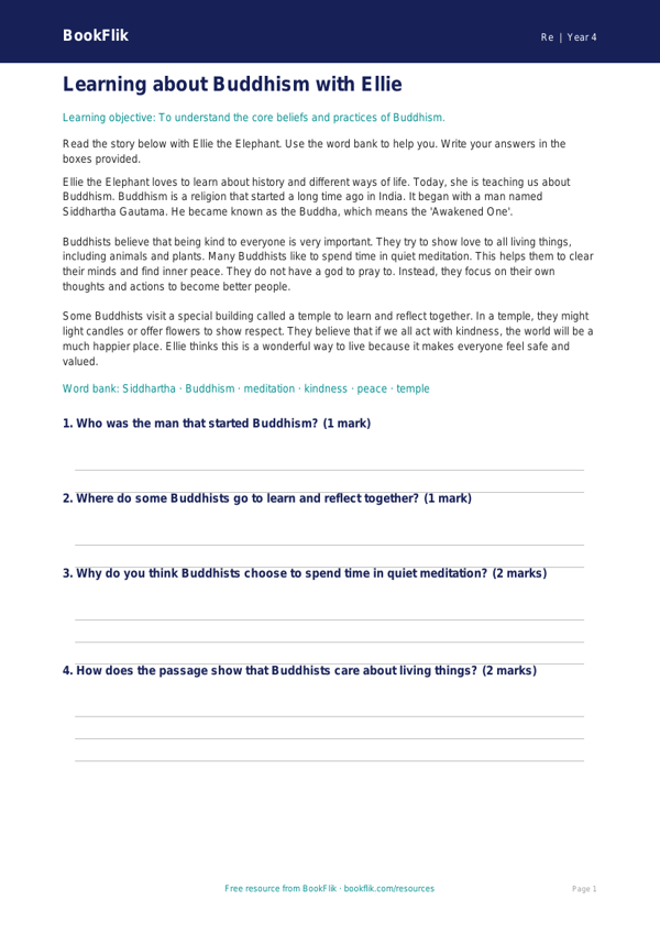 Free Buddhism Comprehension | Year 4 Supported | BookFlik worksheet preview — Re Buddhism