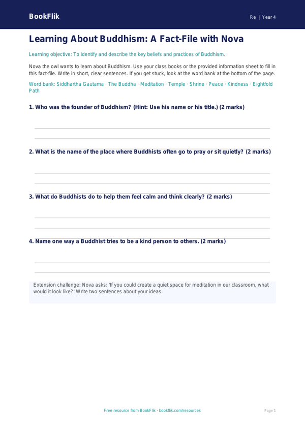 Free Buddhism Template | Year 4 Supported | BookFlik worksheet preview — Re Buddhism