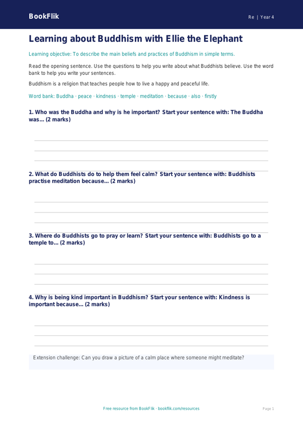 Free Buddhism Writing Frame | Year 4 Supported | BookFlik worksheet preview — Re Buddhism