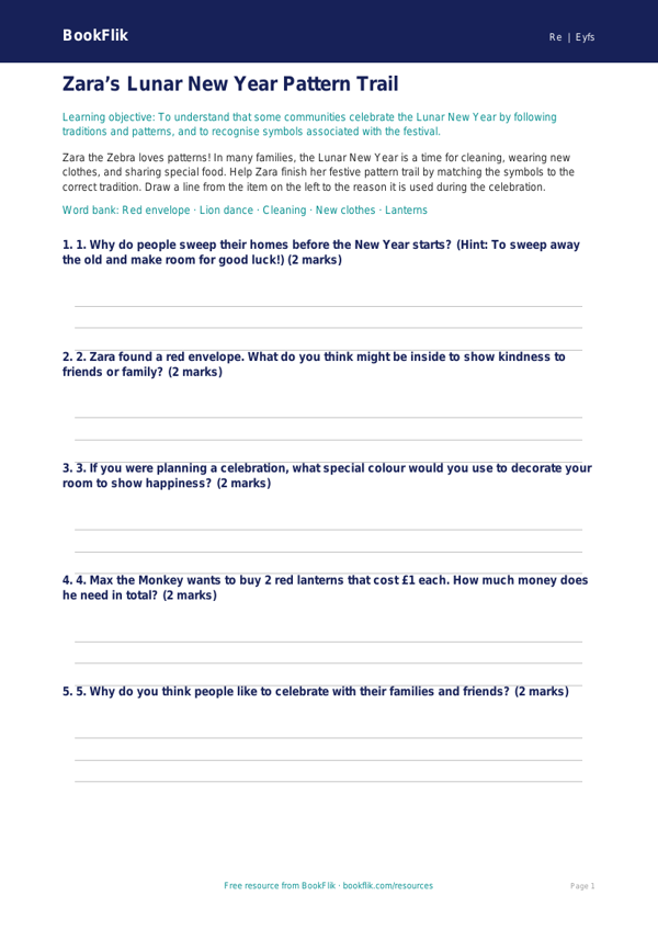 Free Chinese New Year Activity Sheet | EYFS Core | BookFlik worksheet preview — Re Chinese New Year