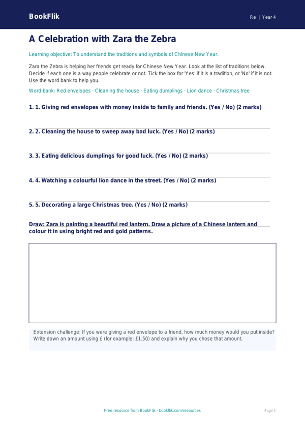 Free Chinese New Year Activity Sheet | Year 4 Supported | BookFlik worksheet preview — Re Chinese New Year