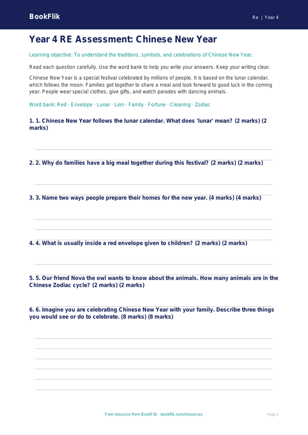 Free Chinese New Year Assessment | Year 4 Supported | BookFlik worksheet preview — Re Chinese New Year