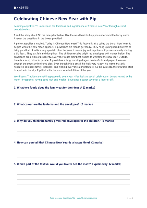 Free Chinese New Year Comprehension | Year 4 Supported | BookFlik worksheet preview — Re Chinese New Year