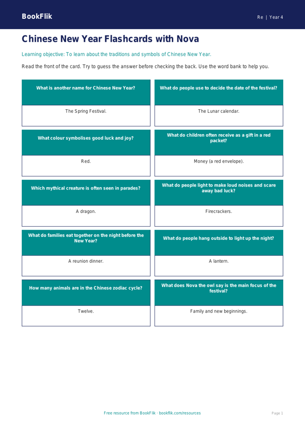 Free Chinese New Year Flashcards | Year 4 Supported | BookFlik worksheet preview — Re Chinese New Year