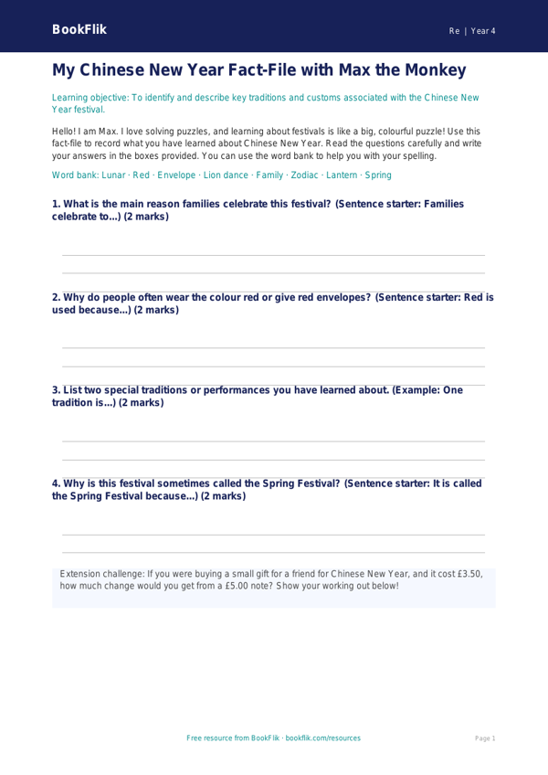 Free Chinese New Year Template | Year 4 Supported | BookFlik worksheet preview — Re Chinese New Year