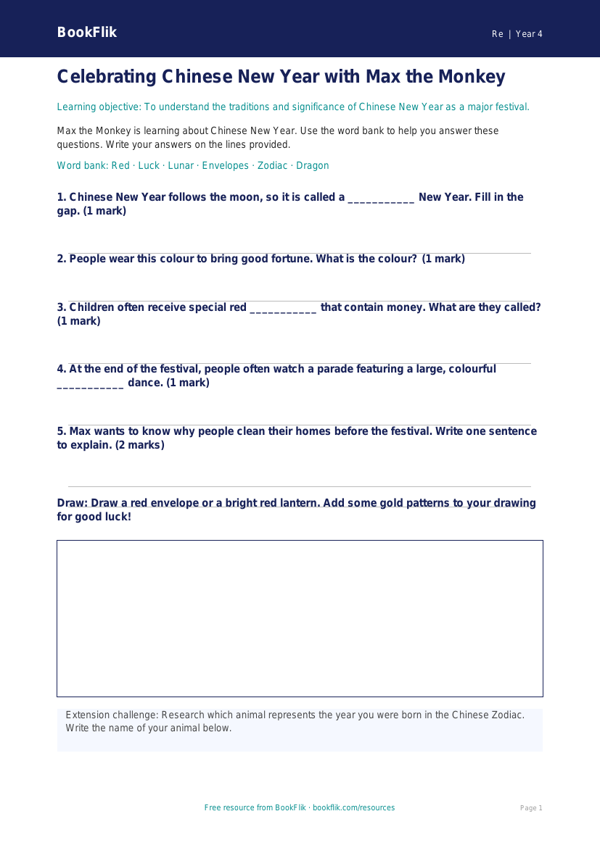 Free Chinese New Year Worksheet | Year 4 Supported | BookFlik worksheet preview — Re Chinese New Year