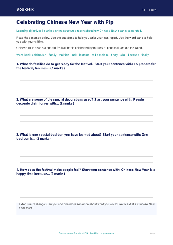 Free Chinese New Year Writing Frame | Year 4 Supported | BookFlik worksheet preview — Re Chinese New Year