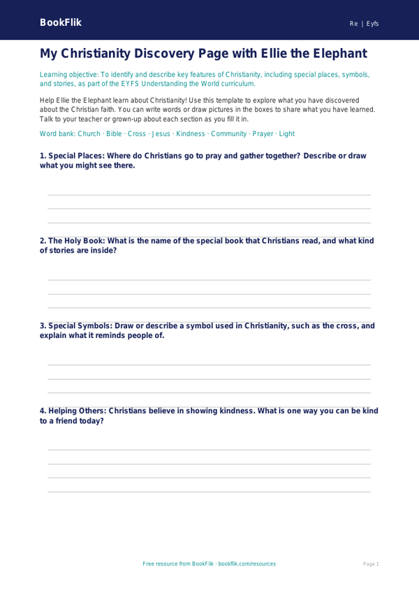 Free Christianity Template | EYFS Core | BookFlik worksheet preview — Re Christianity