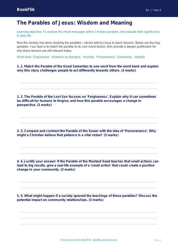 Free Christianity Activity Sheet | Year 4 Greater Depth | BookFlik worksheet preview — Re Christianity