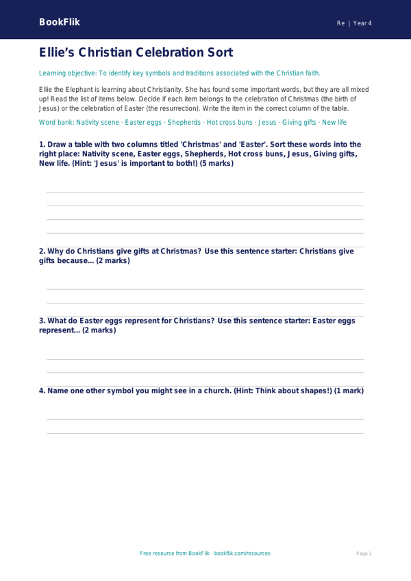 Free Christianity Activity Sheet | Year 4 Supported | BookFlik worksheet preview — Re Christianity