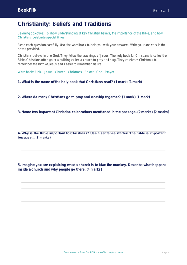 Free Christianity Assessment | Year 4 Supported | BookFlik worksheet preview — Re Christianity
