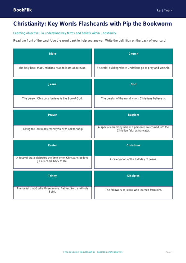 Free Christianity Flashcards | Year 4 Supported | BookFlik worksheet preview — Re Christianity
