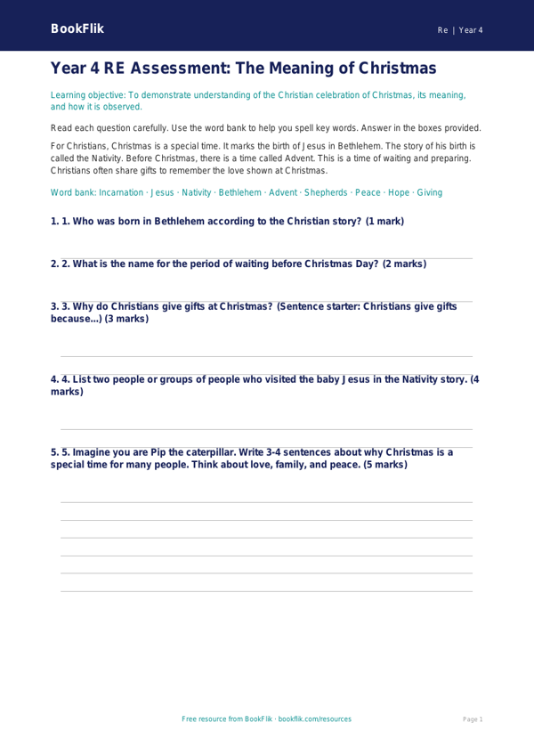 Free Christmas Assessment | Year 4 Supported | BookFlik worksheet preview — Re Christmas