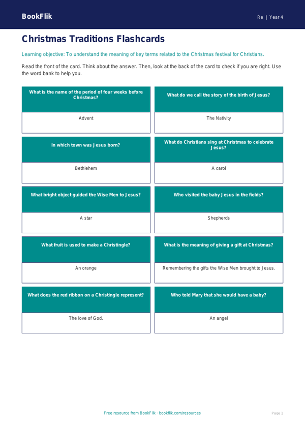 Free Christmas Flashcards | Year 4 Supported | BookFlik worksheet preview — Re Christmas
