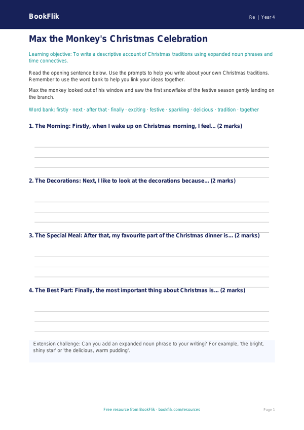 Free Christmas Writing Frame | Year 4 Supported | BookFlik worksheet preview — Re Christmas