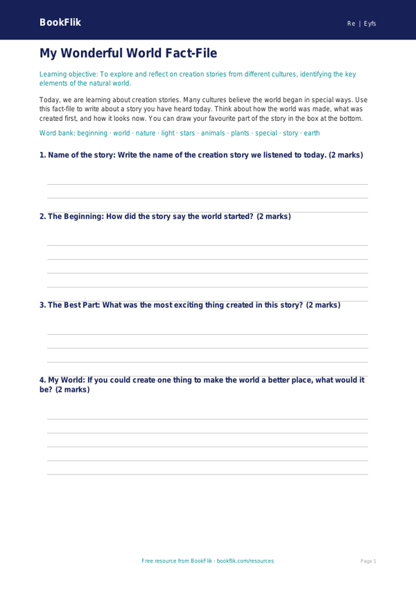 Free Creation Stories Template | EYFS Core | BookFlik worksheet preview — Re Creation Stories