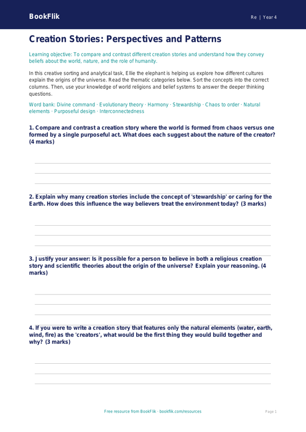 Free Creation Stories Activity Sheet | Year 4 Greater Depth | BookFlik worksheet preview — Re Creation Stories
