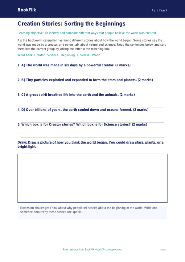 Free Creation Stories Activity Sheet | Year 4 Supported | BookFlik worksheet preview — Re Creation Stories