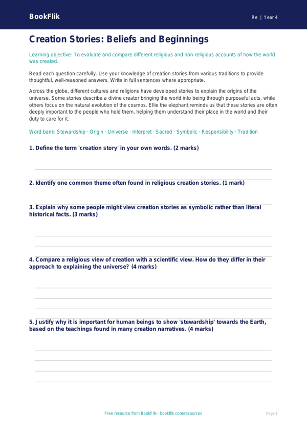Free Creation Stories Assessment | Year 4 Greater Depth | BookFlik worksheet preview — Re Creation Stories