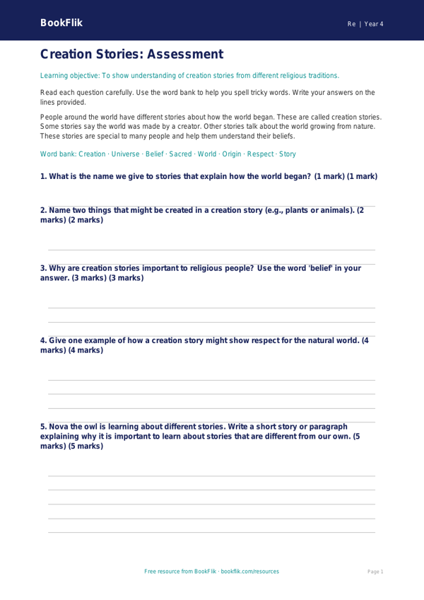 Free Creation Stories Assessment | Year 4 Supported | BookFlik worksheet preview — Re Creation Stories