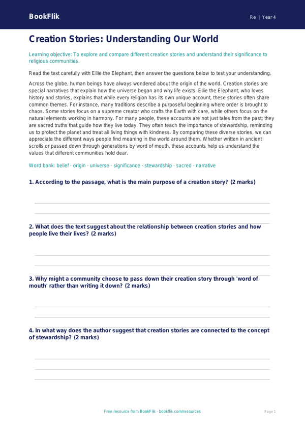 Free Creation Stories Comprehension | Year 4 Greater Depth | BookFlik worksheet preview — Re Creation Stories