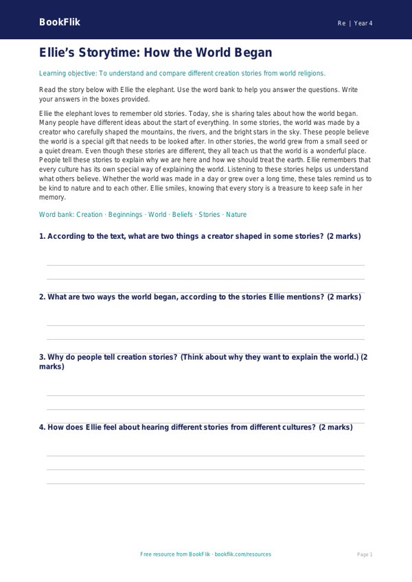 Free Creation Stories Comprehension | Year 4 Supported | BookFlik worksheet preview — Re Creation Stories
