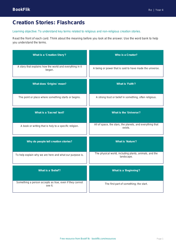 Free Creation Stories Flashcards | Year 4 Supported | BookFlik worksheet preview — Re Creation Stories
