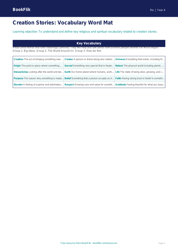 Free Creation Stories Word Mat | Year 4 Supported | BookFlik worksheet preview — Re Creation Stories
