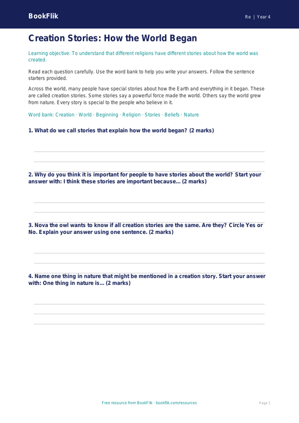 Free Creation Stories Worksheet | Year 4 Supported | BookFlik worksheet preview — Re Creation Stories