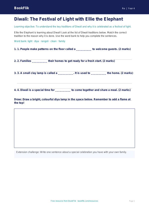 Free Diwali Activity Sheet | Year 4 Supported | BookFlik worksheet preview — Re Diwali