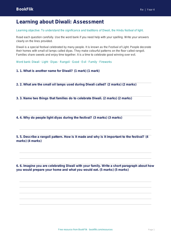 Free Diwali Assessment | Year 4 Supported | BookFlik worksheet preview — Re Diwali