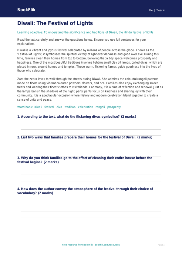 Free Diwali Comprehension | Year 4 Greater Depth | BookFlik worksheet preview — Re Diwali