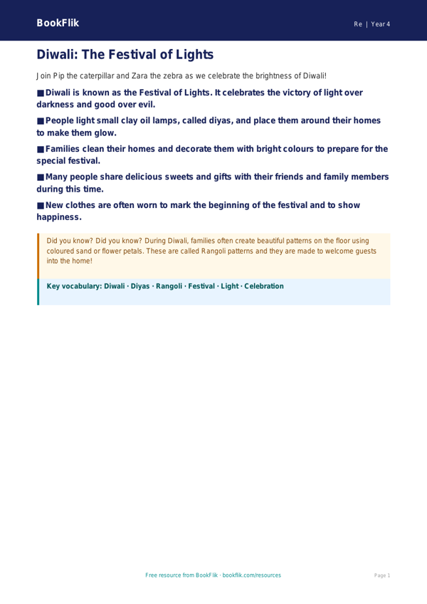 Free Diwali Poster | Year 4 Supported | BookFlik worksheet preview — Re Diwali