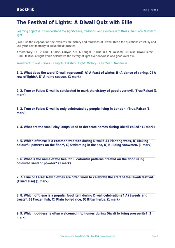 Free Diwali Quiz | Year 4 Greater Depth | BookFlik worksheet preview — Re Diwali