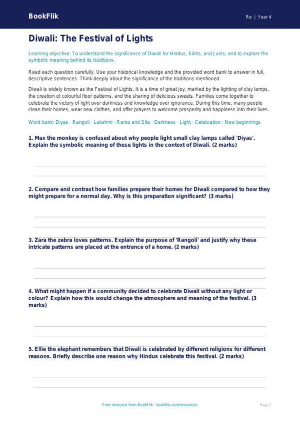 Free Diwali Worksheet | Year 4 Greater Depth | BookFlik worksheet preview — Re Diwali
