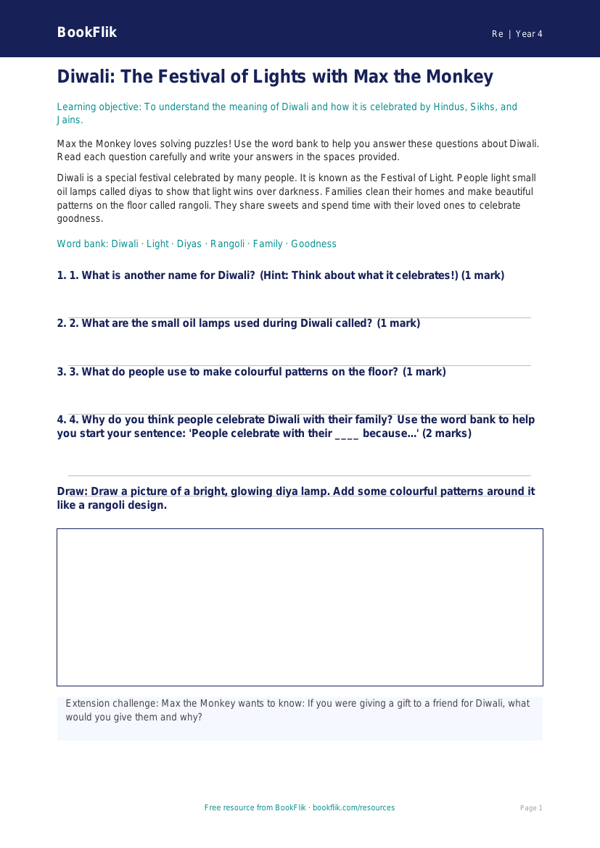 Free Diwali Worksheet | Year 4 Supported | BookFlik worksheet preview — Re Diwali