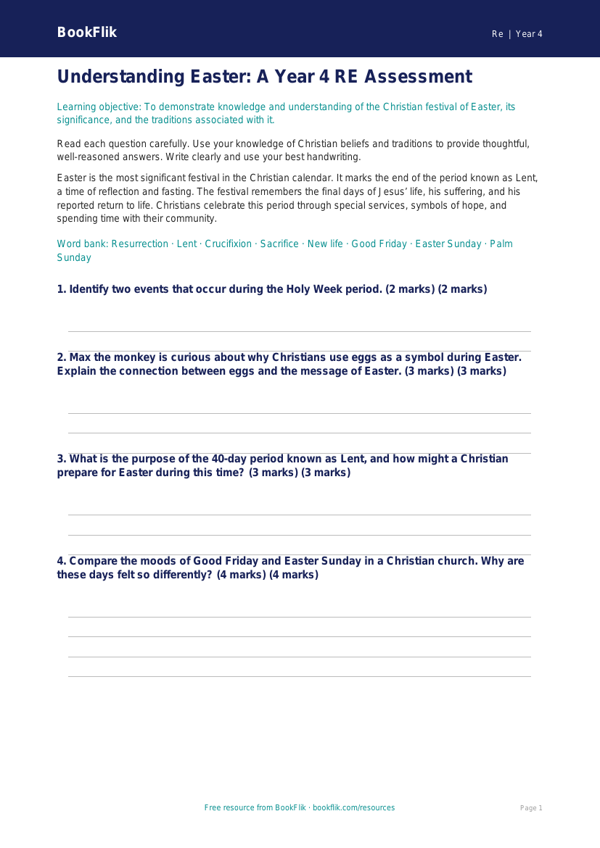 Free Easter Assessment | Year 4 Greater Depth | BookFlik worksheet preview — Re Easter
