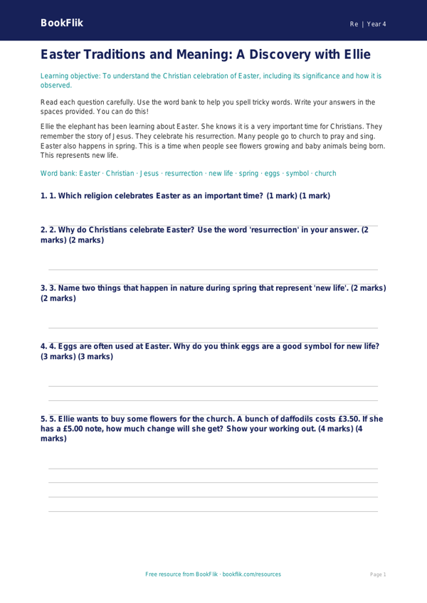 Free Easter Assessment | Year 4 Supported | BookFlik worksheet preview — Re Easter