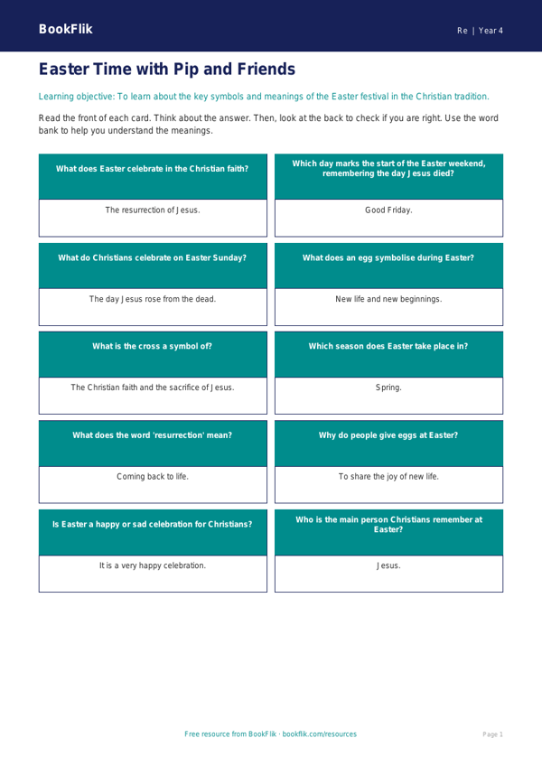 Free Easter Flashcards | Year 4 Supported | BookFlik worksheet preview — Re Easter
