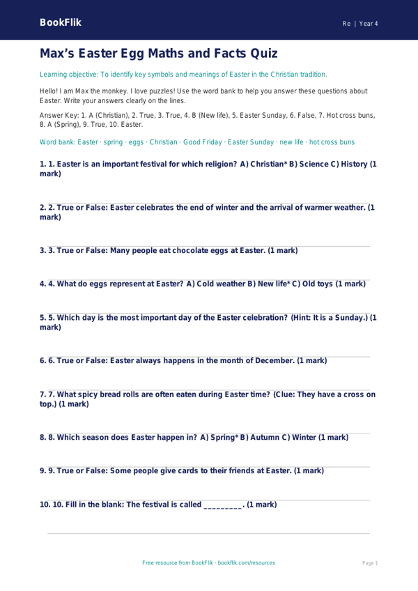 Free Easter Quiz | Year 4 Supported | BookFlik worksheet preview — Re Easter