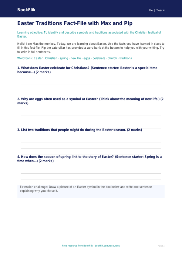 Free Easter Template | Year 4 Supported | BookFlik worksheet preview — Re Easter