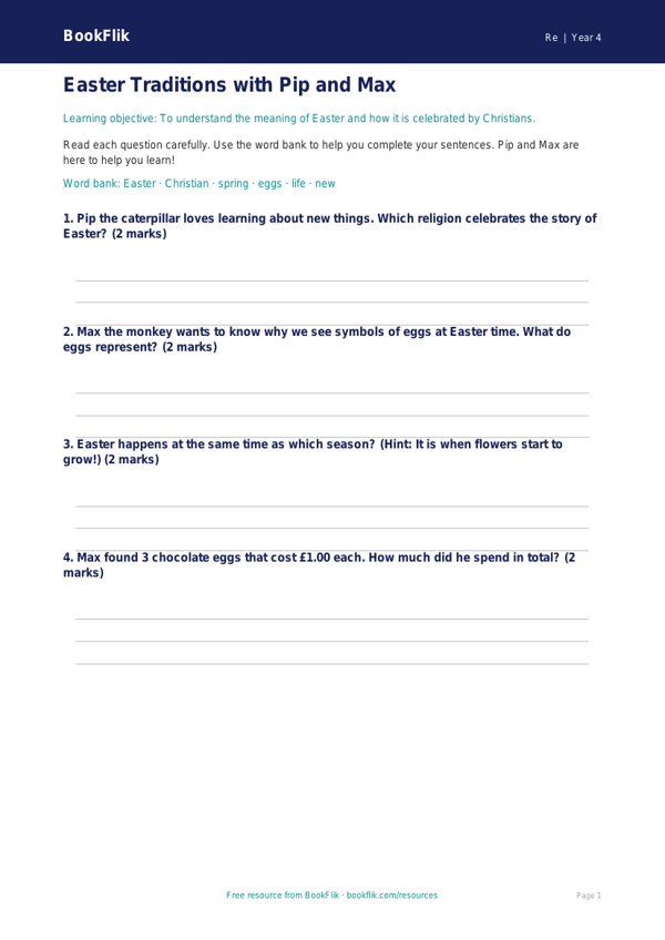 Free Easter Worksheet | Year 4 Supported | BookFlik worksheet preview — Re Easter