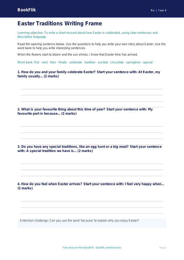 Free Easter Writing Frame | Year 4 Supported | BookFlik worksheet preview — Re Easter