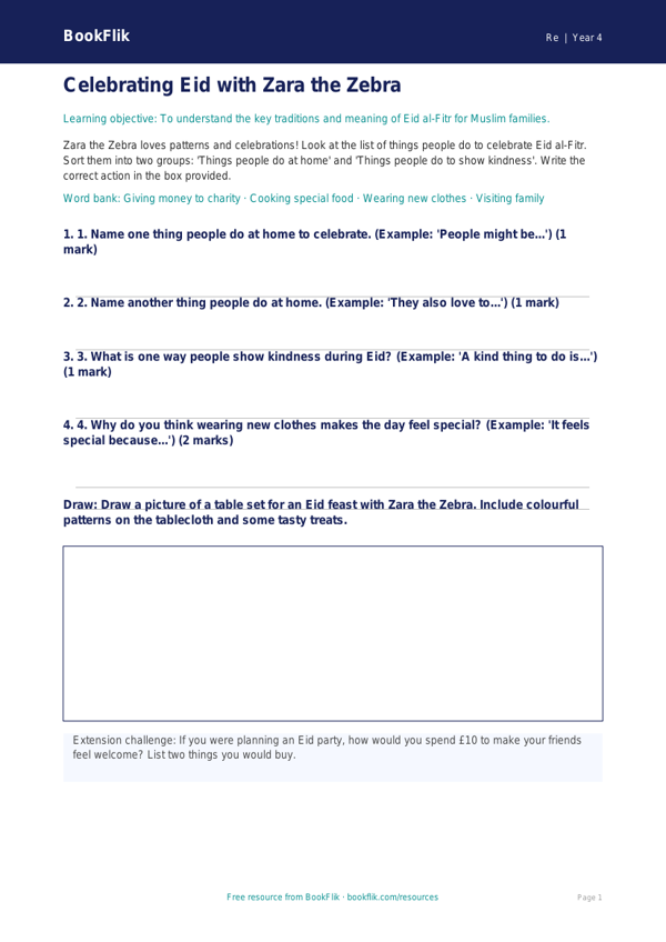 Free Eid Activity Sheet | Year 4 Supported | BookFlik worksheet preview — Re Eid