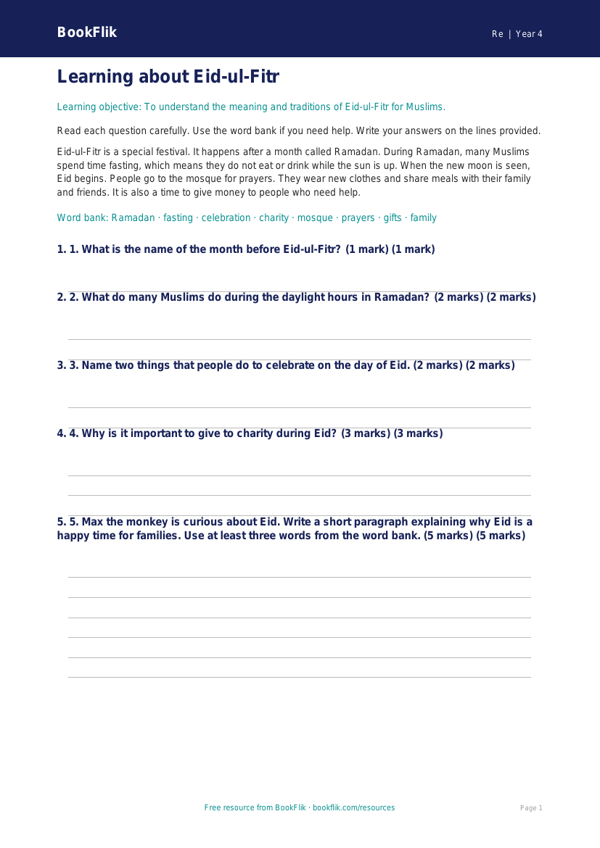 Free Eid Assessment | Year 4 Supported | BookFlik worksheet preview — Re Eid