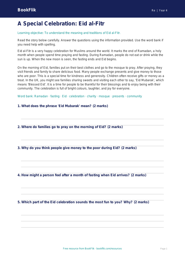 Free Eid Comprehension | Year 4 Supported | BookFlik worksheet preview — Re Eid