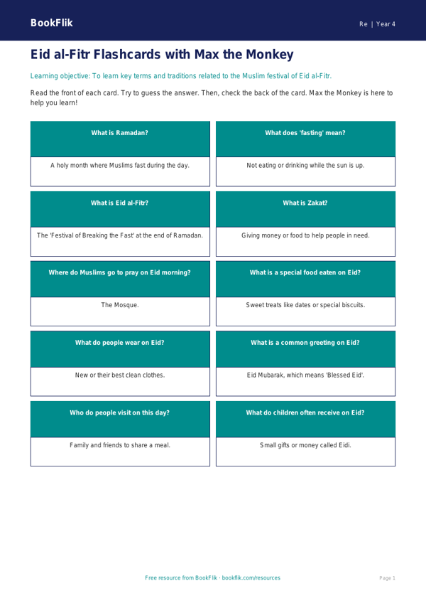 Free Eid Flashcards | Year 4 Supported | BookFlik worksheet preview — Re Eid