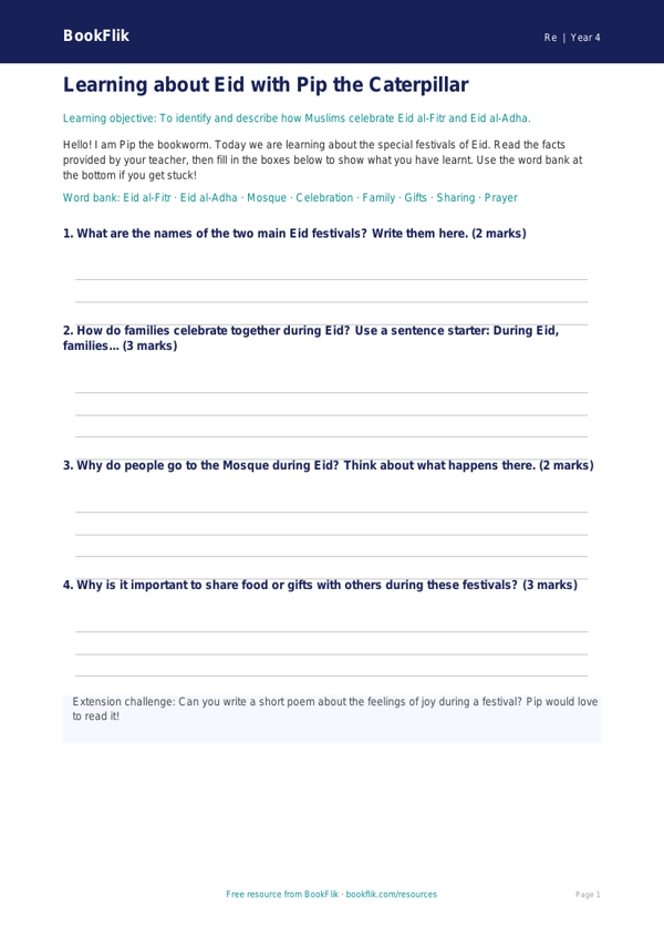 Free Eid Template | Year 4 Supported | BookFlik worksheet preview — Re Eid
