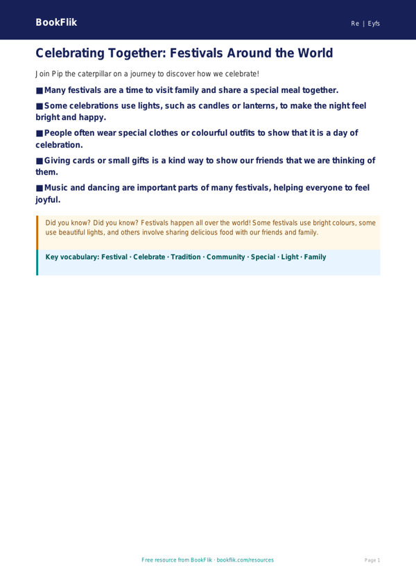 Free Festivals Poster | EYFS Core Resource | BookFlik worksheet preview — Re Festivals
